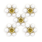 Five white blossom enamel and brass flower trims arranged neatly.