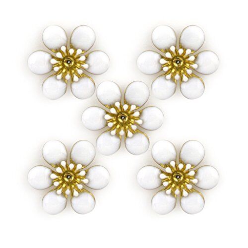 Five white blossom enamel and brass flower trims arranged neatly.
