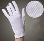 Close-up of white medium cotton work gloves showing texture