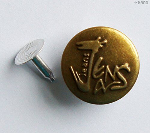 Assorted vintage gold No5 jeans buttons arranged neatly for crafting.