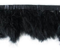 Close-up of black goose feather fringe trim on a white background.