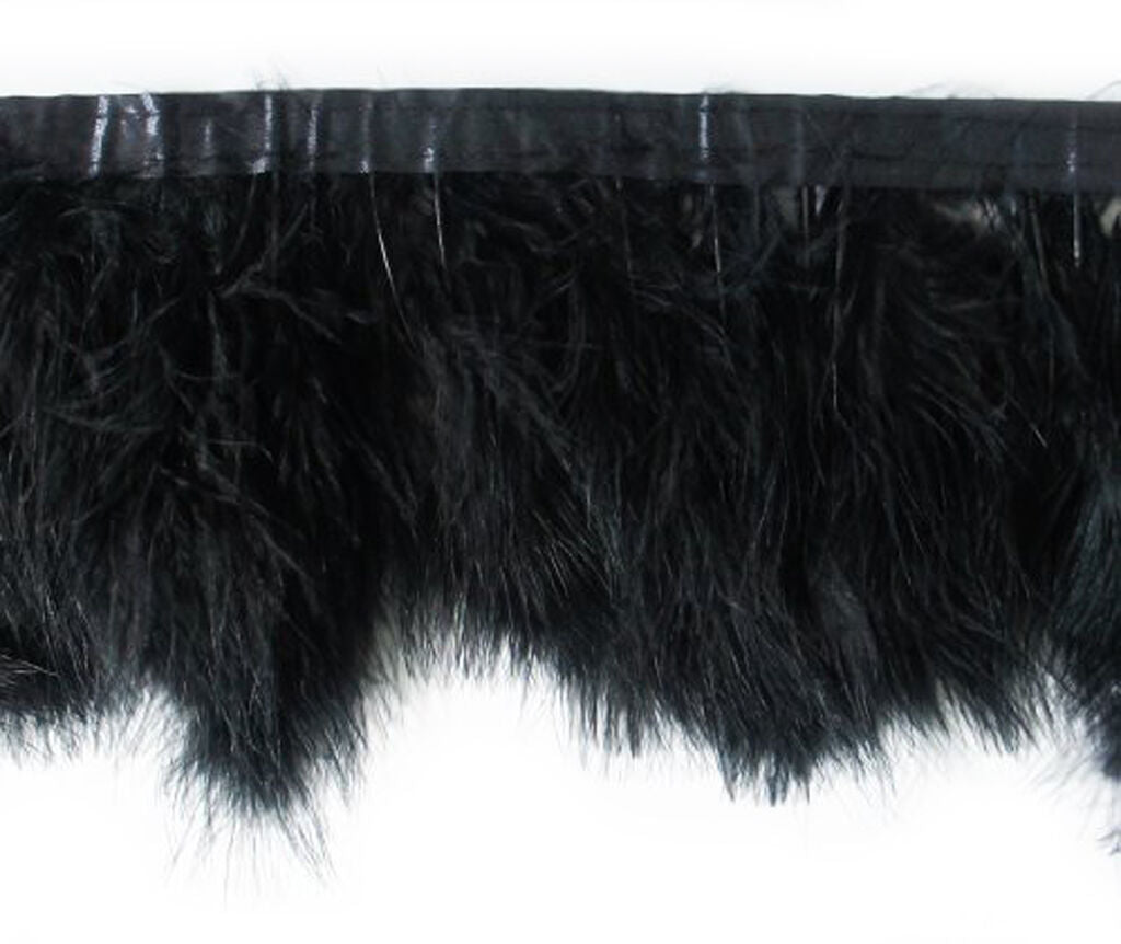 Close-up of black goose feather fringe trim on a white background.