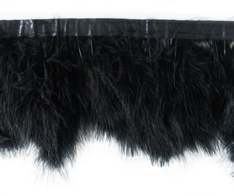 Close-up of black goose feather fringe trim on a white background.