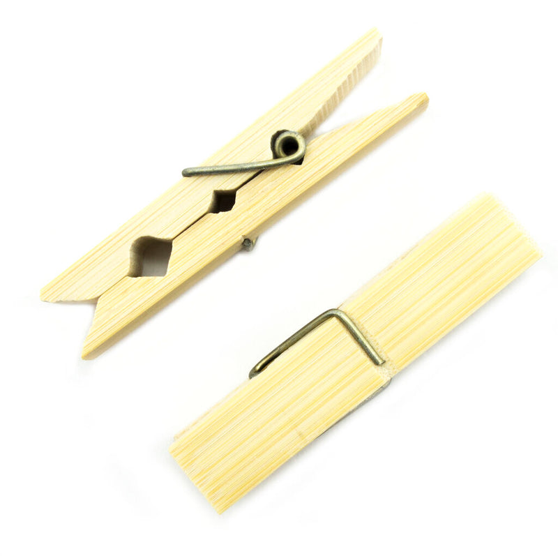 Natural bamboo clips for hanging laundry and crafts.
