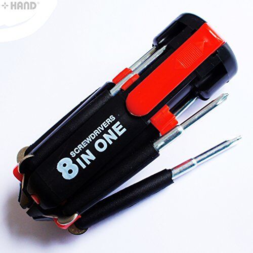 Compact 8-in-1 screwdriver with various interchangeable heads