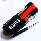 Compact 8-in-1 screwdriver with various interchangeable heads