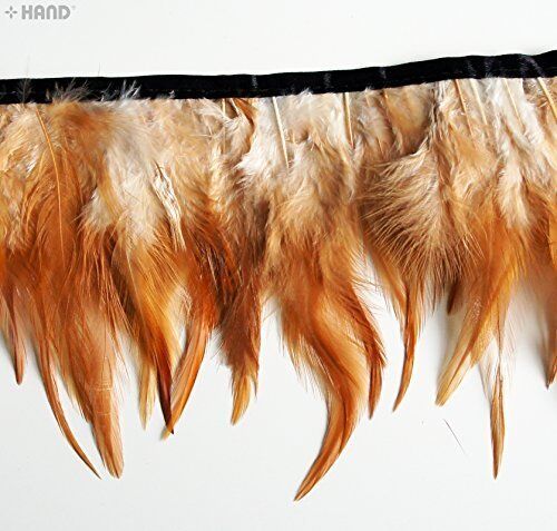 Close-up of the rooster feather fringe showing the stitching detail.
