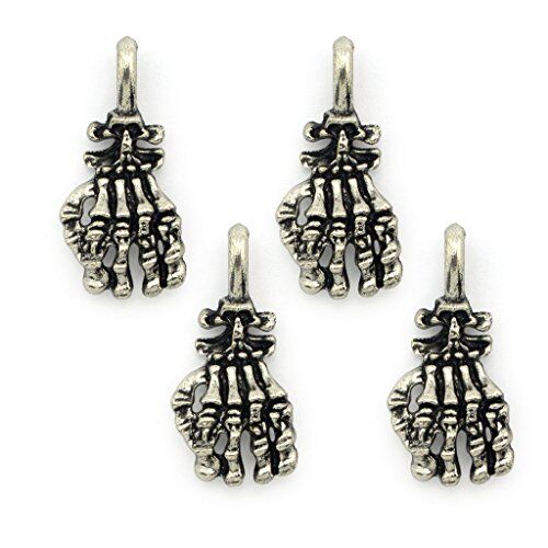 Four silver metal skeleton hand pendants displayed together.