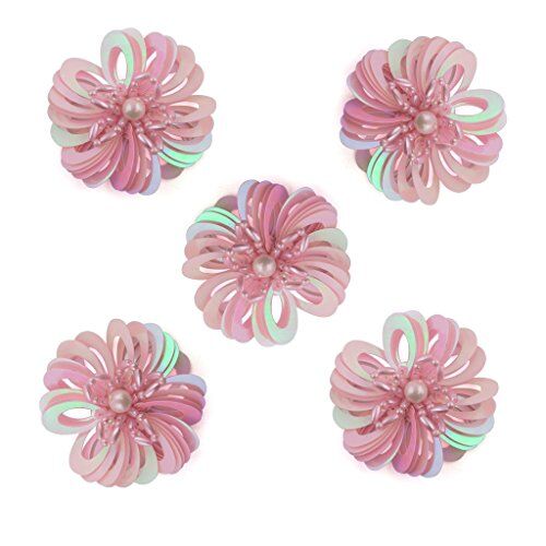 Pink flower sew-in trim with sequins and beads on a white background.