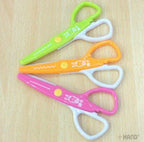 Three kids-safe craft scissors in a set, including straight, zigzag, and wave designs.
