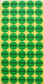 Close-up of RoHS round stickers showing clear print and vibrant colours.