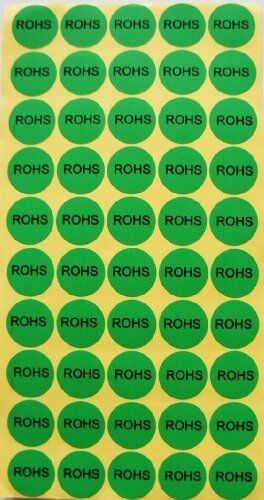 Stack of 15 sheets of RoHS round stickers ready for use.