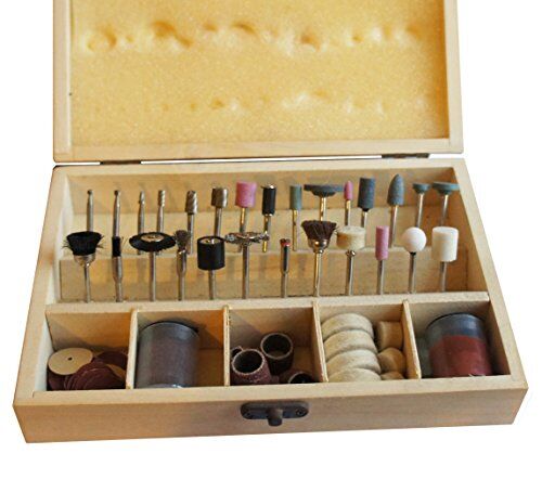 Wooden box containing 100 rotary tool accessories for various tasks.