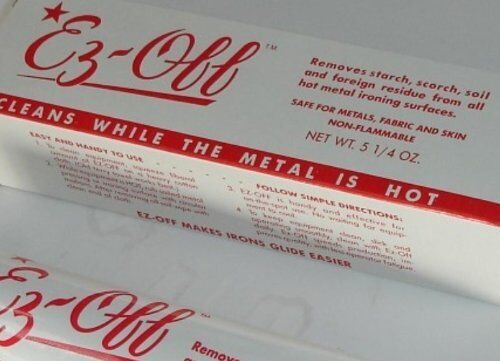 Application of Ez Off Hot Iron Cleaner on a hot iron soleplate.