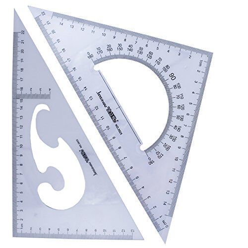 Set of 2 professional drawing triangles with protractor and French curve