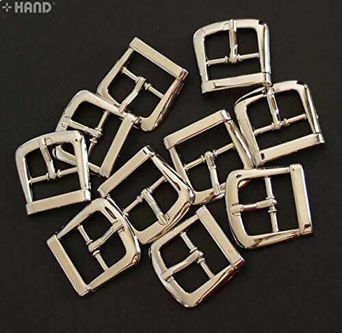 Five pairs of polished silver tone buckles arranged neatly.