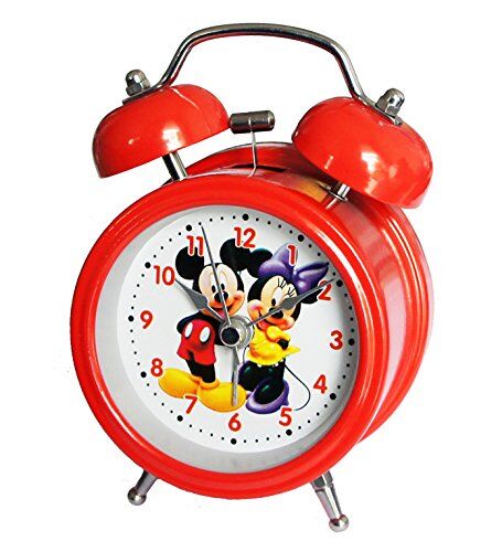 Red metal twin bell alarm clock featuring Mickey and Minnie Mouse.