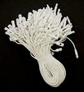 White hang tags with waxed nylon string and snap locks
