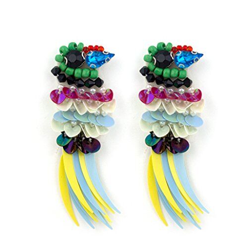 Close-up of colourful birds beads and sequins sew-on trim.