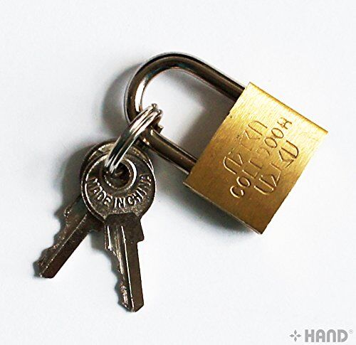 Four small brass travel luggage padlocks displayed together