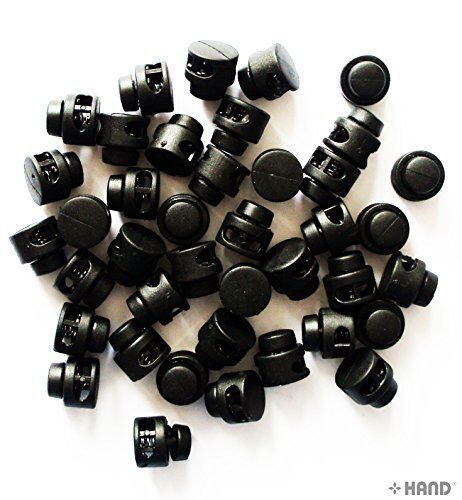 Various angles of black plastic round toggle spring stop cord locks.