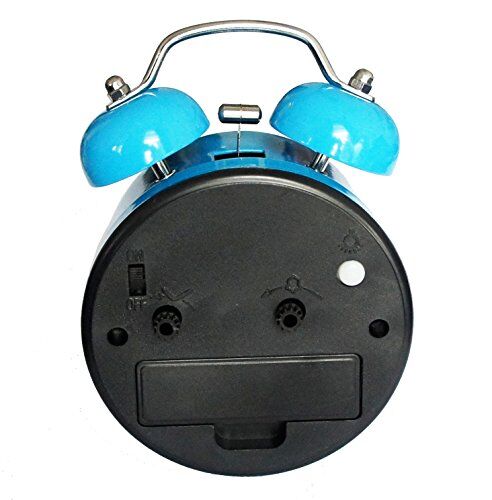 Side view of the 3" panda blue twin bell alarm clock.
