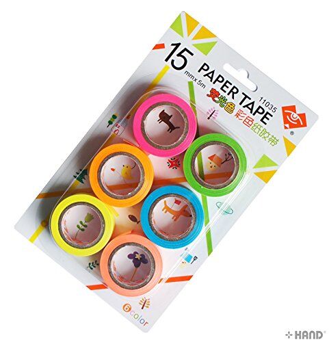 Six rolls of neon adhesive write on paper tape in assorted colours.