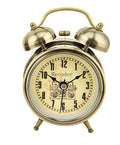 Vintage style alarm clock in metallic finish with clock-face design.