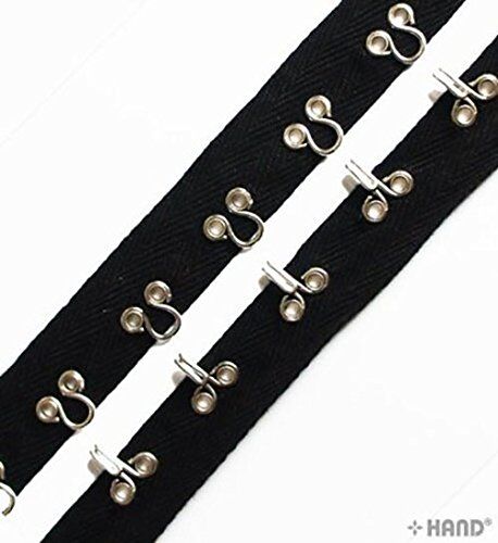 Continuous silver hooks and eyes on black tape, 2 metres long.