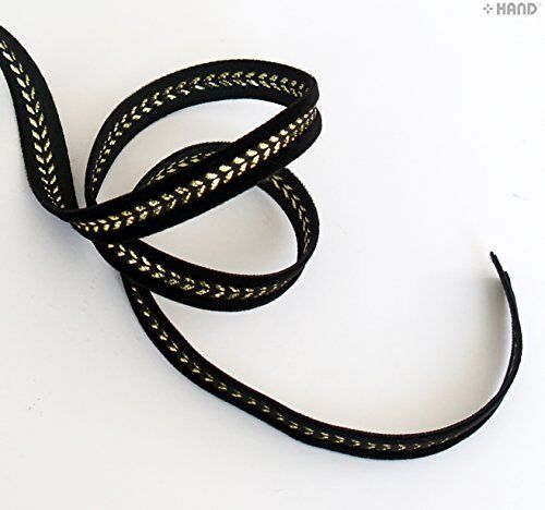 Close-up of black and gold velvet ribbon texture.