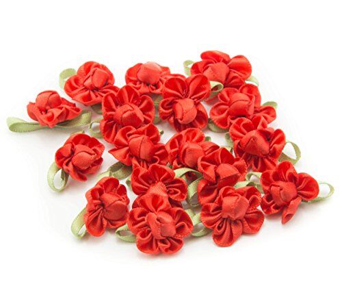 Crimson red ribbon bow trim with fabric flower and bud detail.