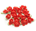 Crimson red ribbon bow trim with fabric flower and bud detail.