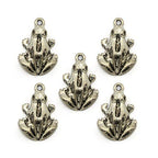 Close-up of a silver frog pendant showcasing its details.