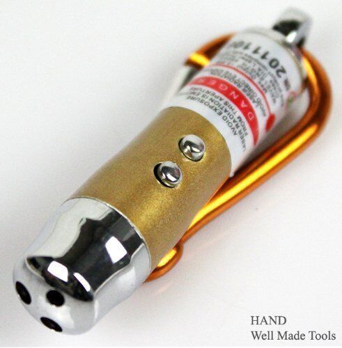 3 In 1 mini torch showing LED, laser, and UV bank note checker features.
