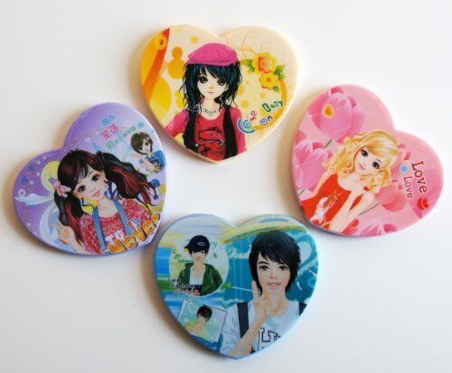 Two children's cartoon heart shape folding mirrors with combs