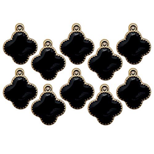 Black enamel four petal flower embellishment on a white background.
