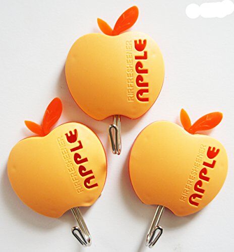 Apple shape hook holding a kitchen towel.