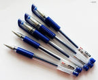 Set of 5 fine point 0.5mm blue ink pens displayed together
