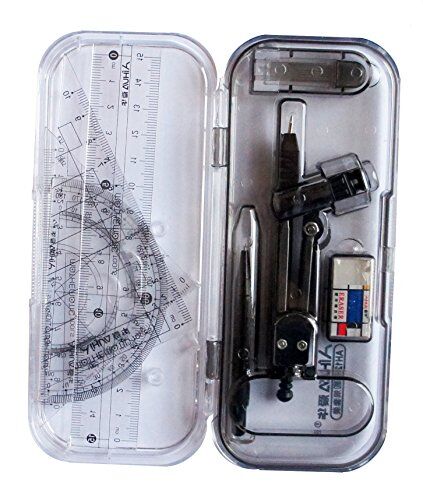 Complete 8-piece geometry kit in a shatterproof box.