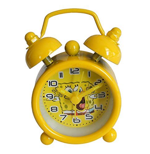 Mini Spongebob Yellow twin bell alarm clock on a bedside table.