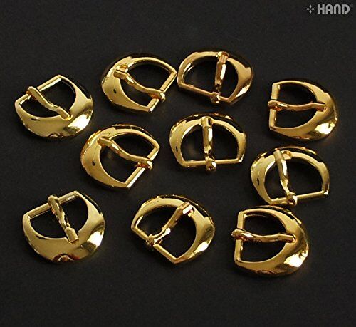 Close-up of a polished gold tone D shape buckle measuring 1.6cm