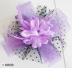 Lilac and black double layer net headdress accessory with feathers