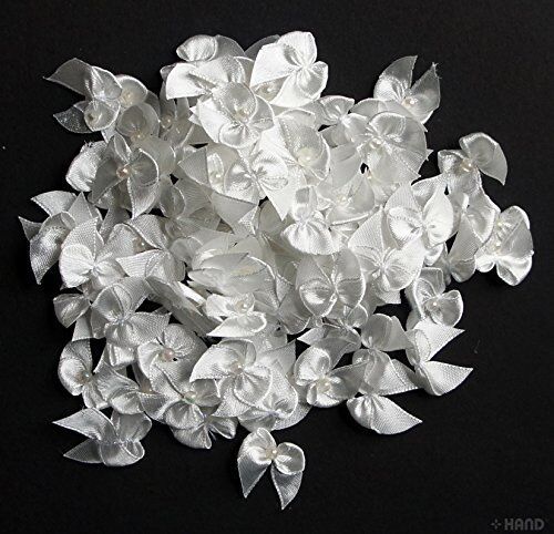 BO6 Small Decorative DIY Craft Ribbon Bow with a Pearl Trims, appx 100 a Pack, appx 10g (BO6-3 White)