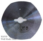 Close-up of a 65 mm rotary cutter blade showing sharp edge