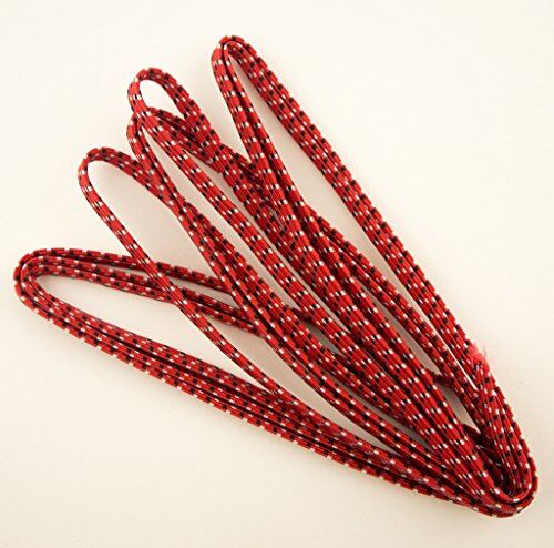 Two rolls of red, black, and white flat sewing elastic