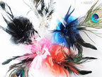 Close-up of a peacock feather flower headdress showcasing intricate details.