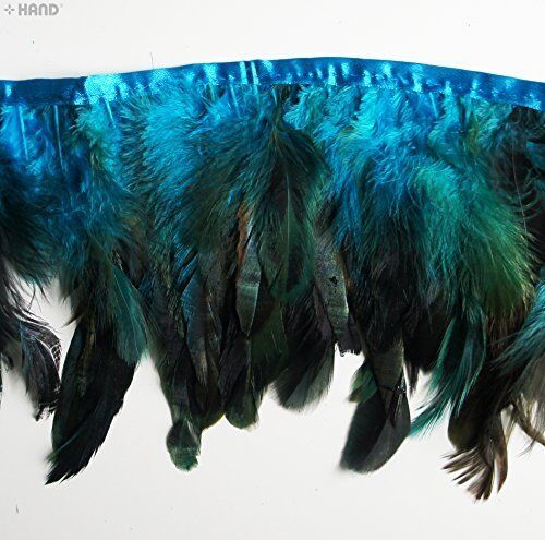 Close-up of deep sea blue rooster feathers stitched on a trim.