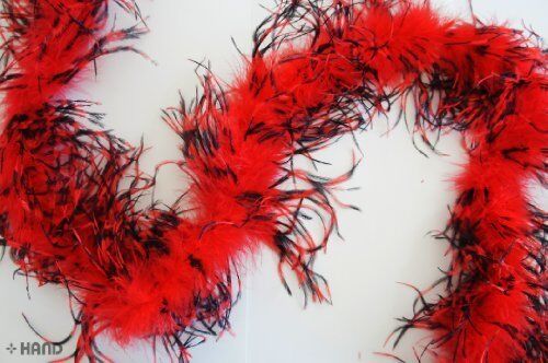 Fascinating snow flake turkey feather trim in fiery red and black.