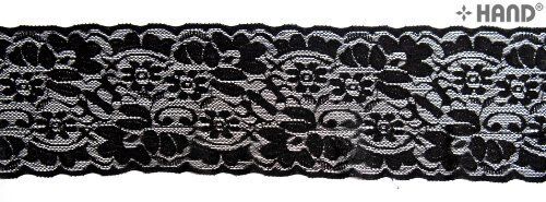 Roll of NO.301 black stretch lace trim, 100mm wide.