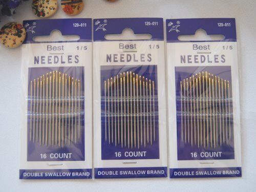 Two packs of sewing needles, each containing 16 durable needles.